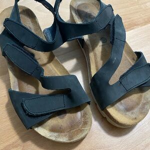 Plakton Women's Black Leather Sandals Velcro Straps Cork Size 38 7.5/8 Women’s